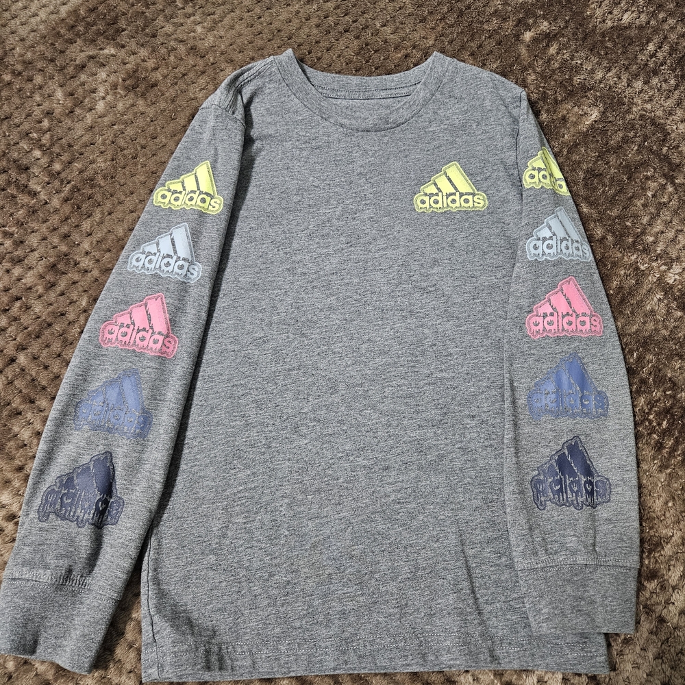 Adidas Kids' Gray Long Sleeve Logo Tee with Multicolor Sleeve Badges